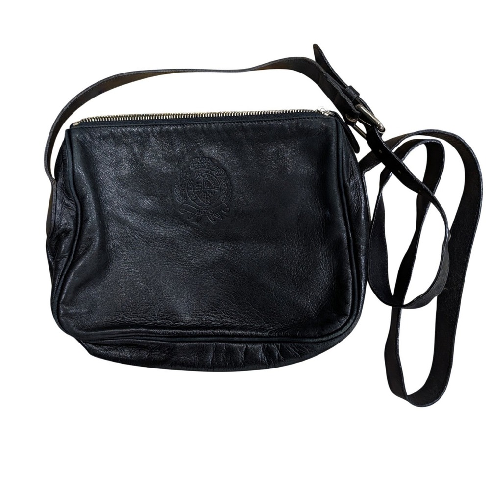 Vintage Polo Ralph Lauren Black Leather Crest Crossbody‎ Bag Made in Italy